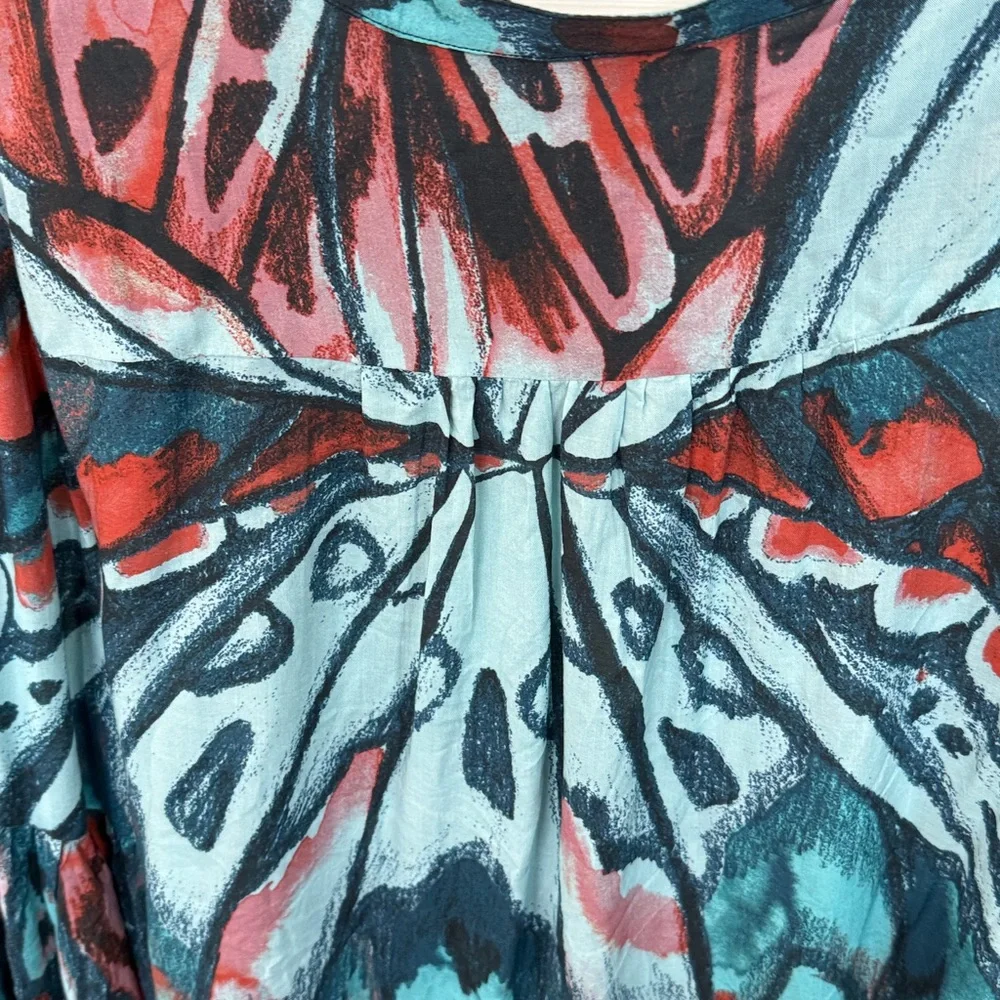 Chico's Butterfly Wing Print Modal Blouse Teal Red Size 2 L 12/14 - Picture 8 of 8